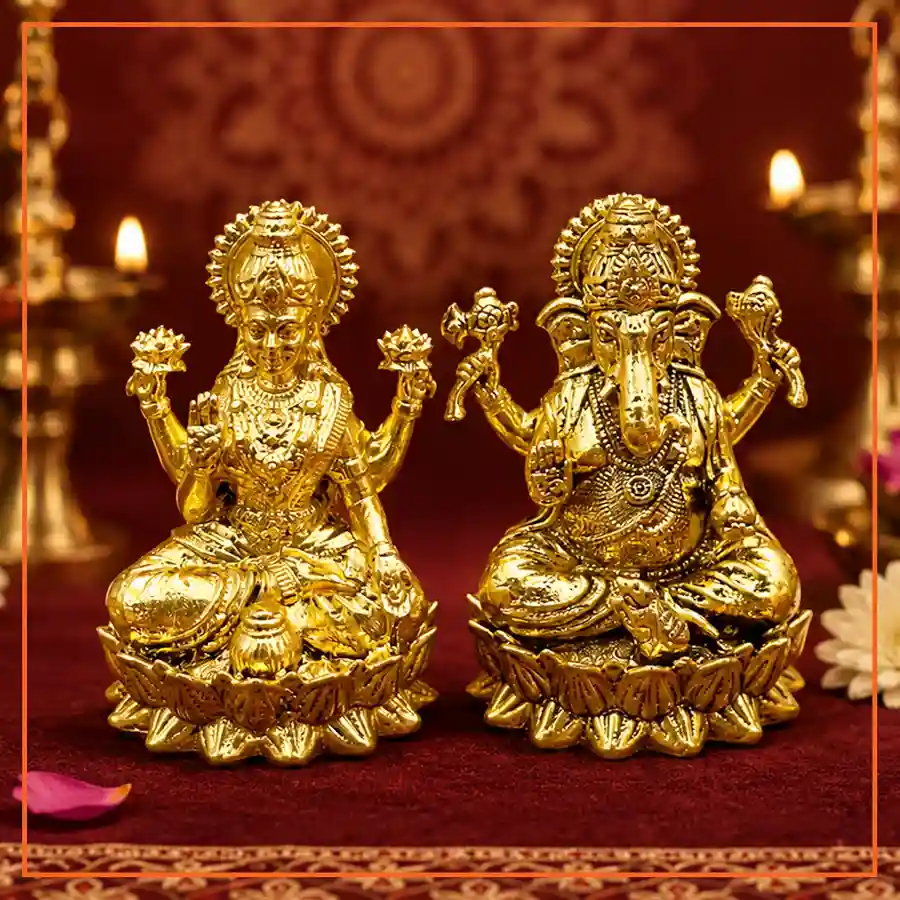Brass Lakshmi Ganesh Idol On Lotus | 5 cm 